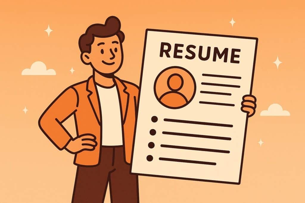 Confident job seeker standing with an oversized resume on an orange background, symbolising modern resume skills and career readiness.