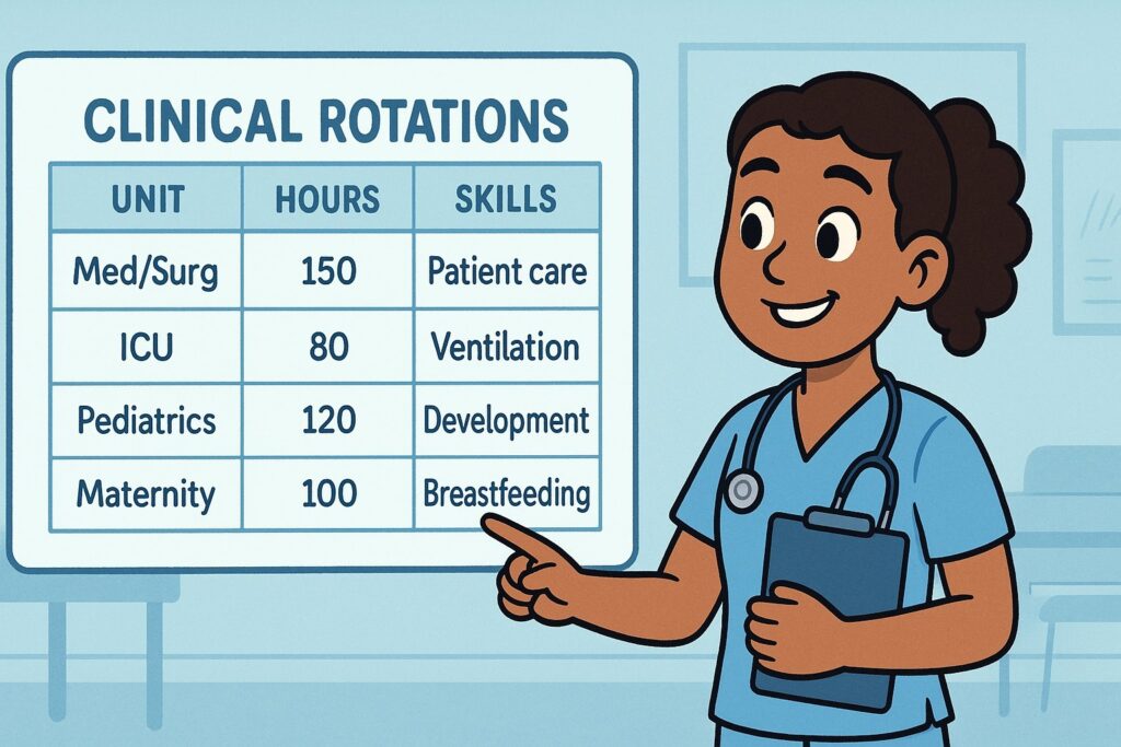“Cartoon new-grad nurse reviewing a floating clinical rotations chart with columns for units, hours, and key skills.”