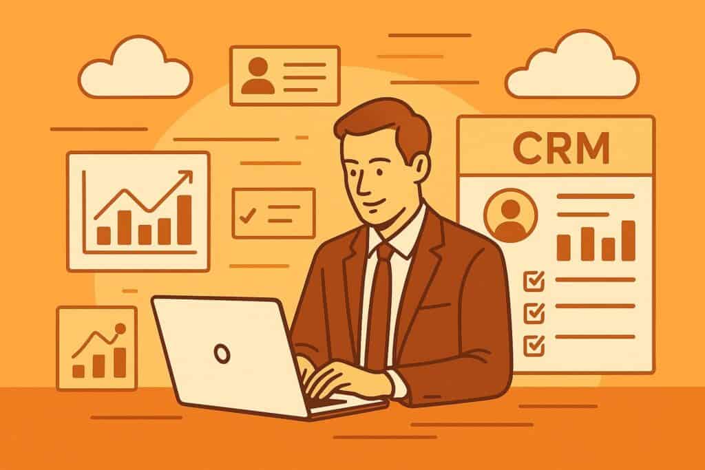 Orange illustration of a professional working on a laptop with CRM dashboards, performance charts, and cloud icons in the background, representing data-driven resume skills, digital skills, analytics, and CRM experience employers want in 2026.