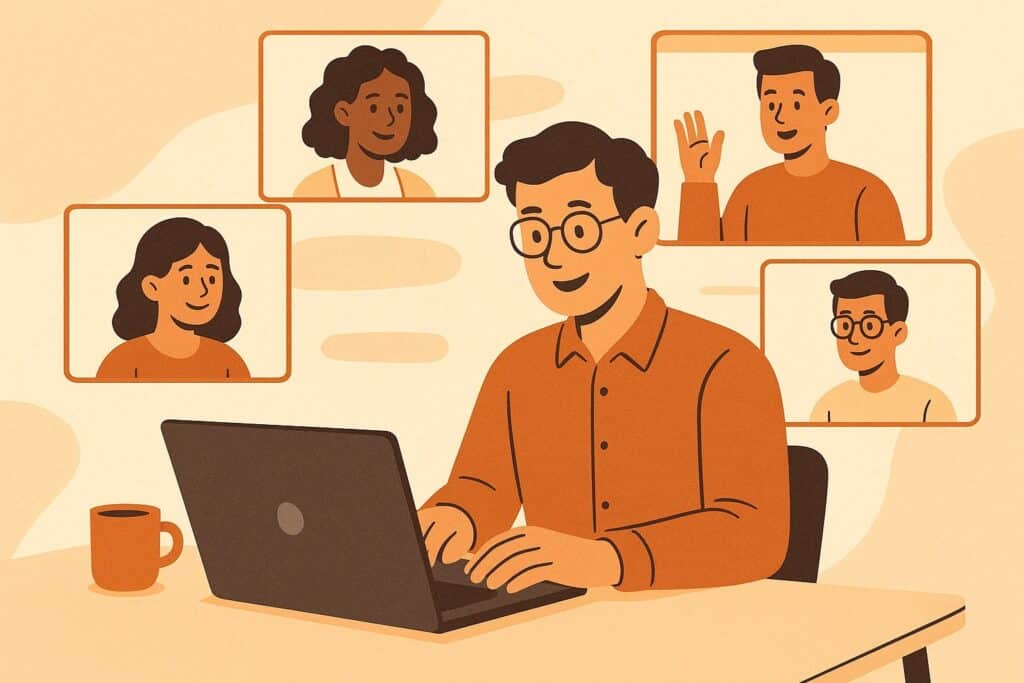 Orange illustration of a professional working on a laptop during a virtual meeting with multiple team members on screen, representing remote work skills, digital communication, collaboration tools, and modern resume skills employers want in 2026.