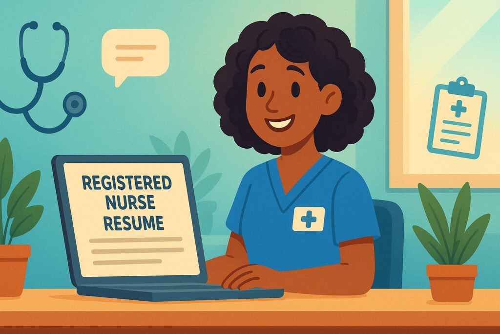 “Cartoon illustration of a smiling nurse sitting at a desk with a laptop displaying ‘Registered Nurse Resume,’ surrounded by medical icons and a soft blue background.”
