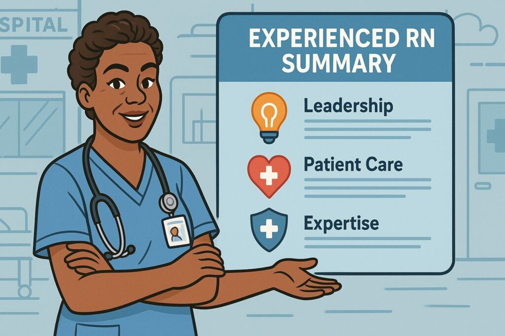 “Cartoon experienced nurse presenting a floating résumé titled ‘Experienced RN Summary’ with icons for leadership and patient care.”