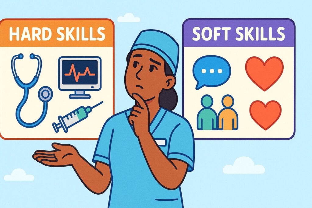 “Cartoon illustration showing two skill panels labeled ‘Hard Skills’ and ‘Soft Skills’ with medical icons and a nurse comparing them.”