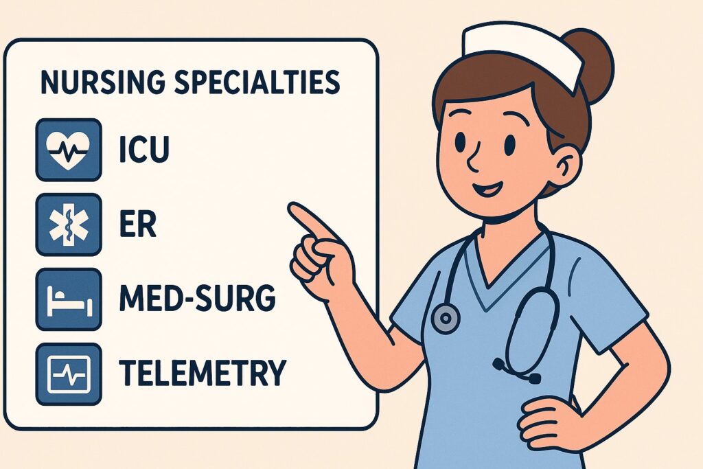 “Cartoon nurse pointing to a digital board listing nursing specialties like ICU, Med-Surg, Telemetry, and Emergency.”
