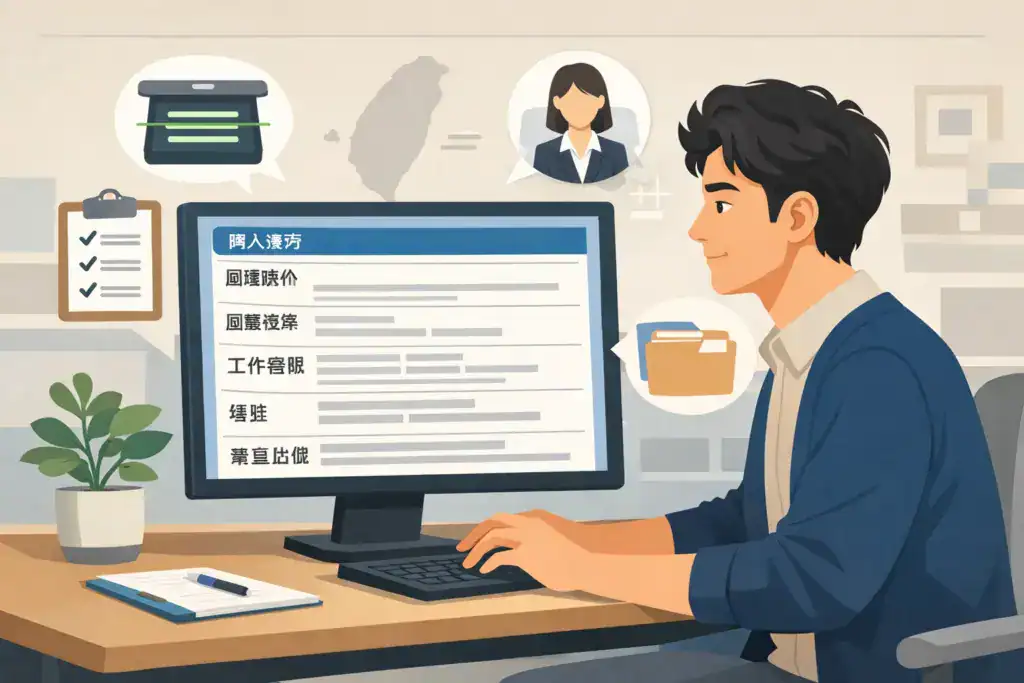 台灣求職者在桌前查看結構清晰的客戶服務履歷格式,螢幕顯示個人資料、技能、工作經驗與學歷,符合台灣 ATS 與 HR 審核標準