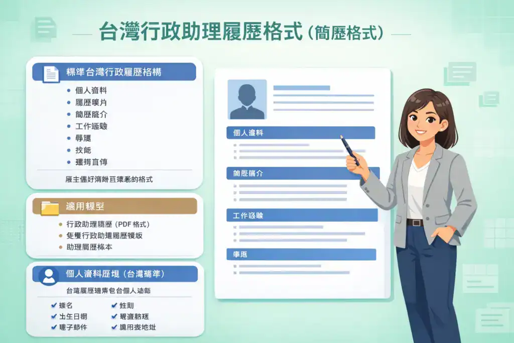插畫風格圖片,主題為「台灣行政助理履歷格式(簡歷格式)」,畫面展示標準台灣行政助理履歷結構,包括個人資料、履歷簡介、工作經驗、學歷與技能區塊,一名行政助理女性指引履歷範本,強調格式清楚、適合 ATS 篩選,並符合台灣雇主閱讀習慣。
