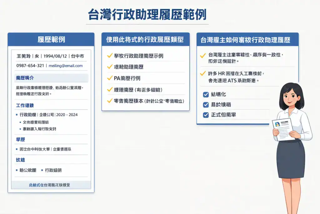 插画风格图片,主题为「台灣行政助理履歷範例」,画面展示完整行政助理履历样本,包括个人资料、简历简介、工作经验、学历与技能区块,并说明适用的行政履历类型与台湾雇主、ATS 审核重点,一名行政助理女性手持履历,强调结构化、易阅读与正式专业。