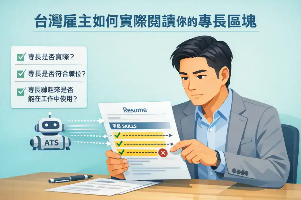 插画风格图片,主题为「台灣雇主如何實際閱讀你的專長區塊」,画面呈现台湾雇主与 ATS 系统同时检查履历专长,重点评估专长是否真实、是否符合职位,以及是否能在工作中实际使用,一名主管逐项审阅履历技能清单,强调专长区块需具体、可验证且与职位相关。