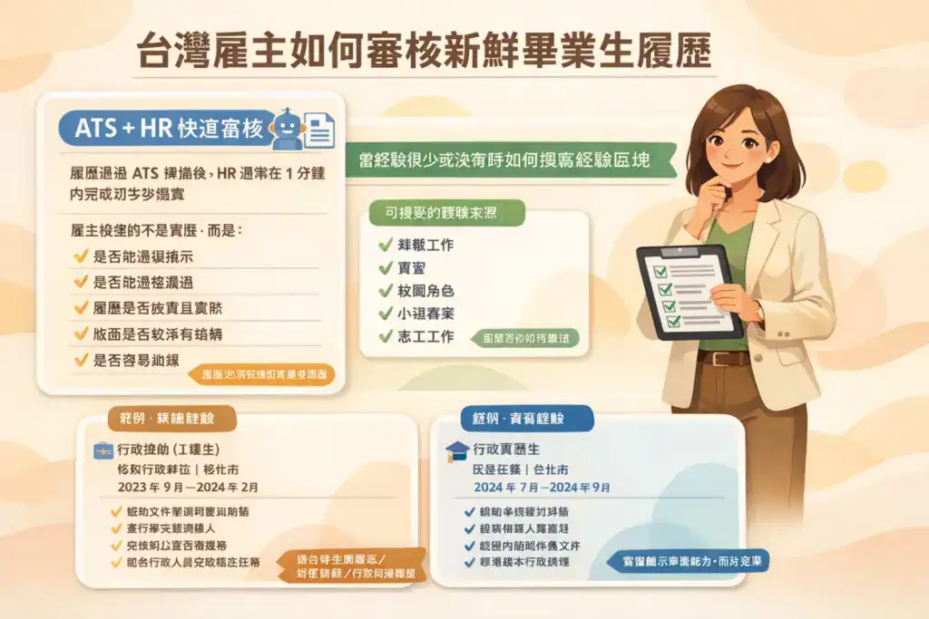 插画风格图片,主题为「台湾雇主如何审核新鲜毕业生履历」,画面说明 ATS 与 HR 快速筛选履历的重点,包括是否清楚呈现能力、经历真实性与结构清晰度,并列出可接受的经验来源如实习、兼职、社团与志工,新鲜人女性代表手持检查清单,强调即使无全职经验也能通过审核。