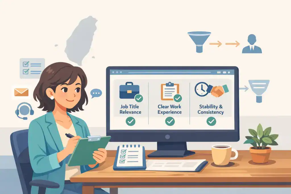 插图:一位台湾招聘经理正在电脑屏幕上查看一份客服简历,重点关注职位名称的相关性、清晰的工作经验以及在 ATS 筛选后的稳定性和一致性。