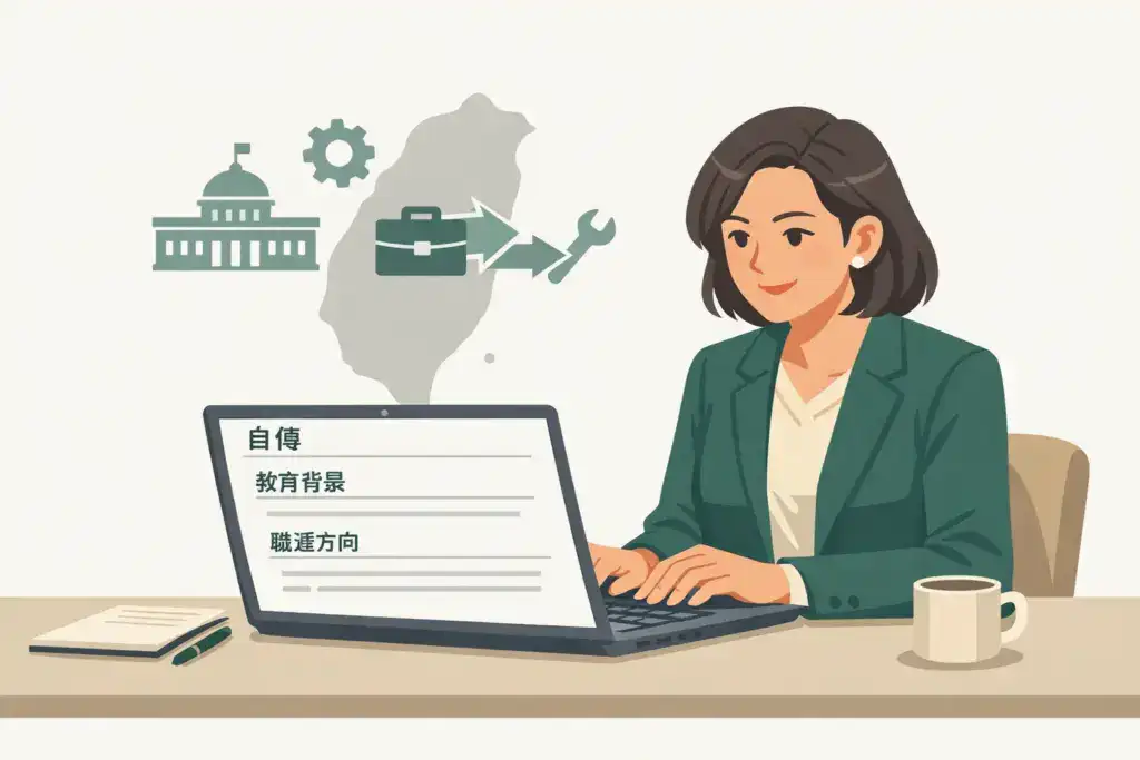 一位穿著深綠色西裝外套的台灣女性專業人士,坐在書桌前使用筆電撰寫履歷自傳,螢幕上顯示「自傳」、「教育背景」與「職涯方向」等結構化內容,背景包含台灣地圖與政府、工程、轉職相關圖示,象徵台灣求職與職涯規劃。