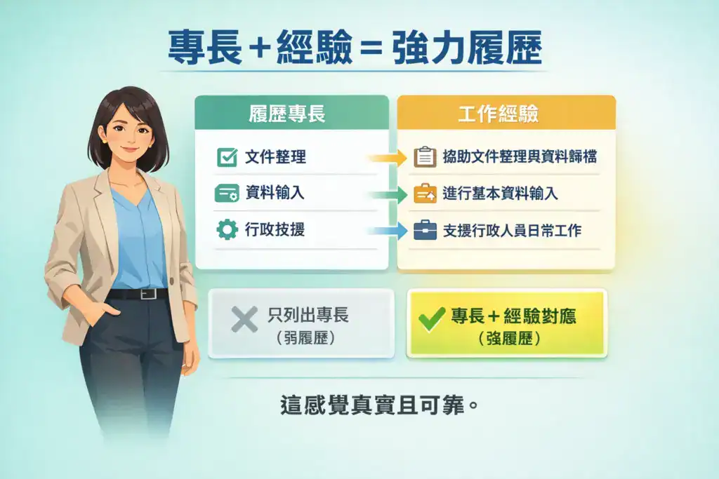 插画风格图片,主题为「专长+经验=强力履历」,画面说明将履历专长与实际工作经验对应,能有效提升履历说服力,对比只列出专长的弱履历,与将文件整理、资料输入、行政支援等专长具体转化为工作成果的强履历,强调真实、可验证与台湾雇主认可的履历写法