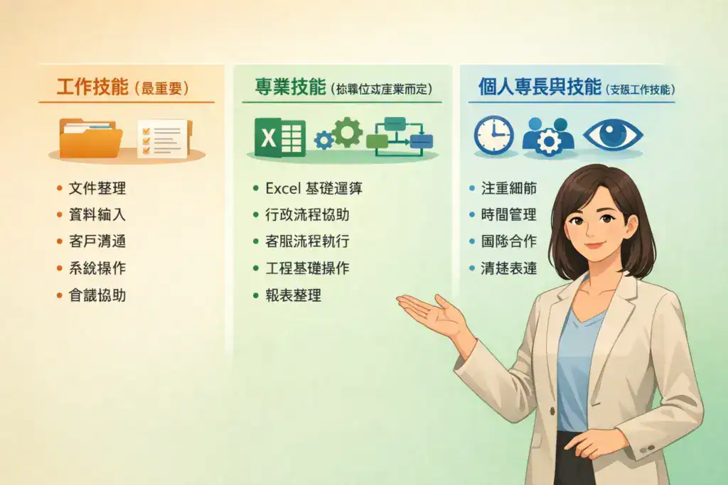 text(中文):
插画风格图片,主题为「常见履历专长类型(主要技能类型)」,画面将技能分为工作技能、专业技能与个人专长三类,分别说明文件整理、Excel 运用、行政流程与时间管理等能力,并由行政助理女性示意说明,强调履历技能分类清楚,有助于台湾雇主与 ATS 系统扫描。