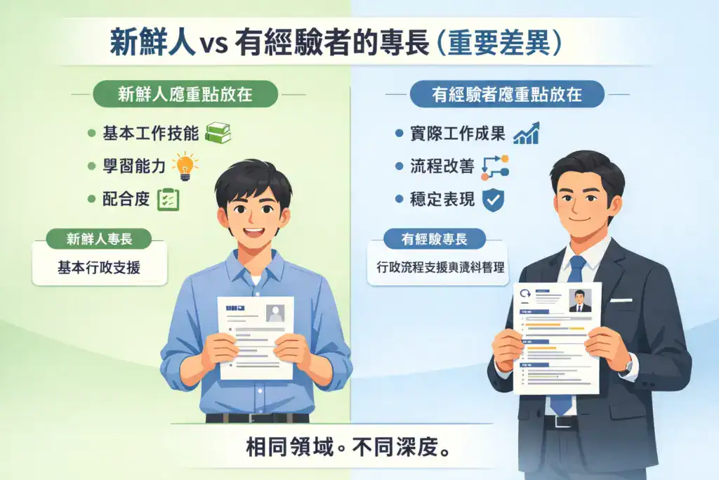 插画风格图片,主题为「新鲜人 vs 有经验者的专长(重要差异)」,画面对比新鲜人与有经验求职者在履历专长上的重点差别,新鲜人强调基本工作技能、学习能力与配合度,有经验者则聚焦实际工作成果、流程改善与稳定表现,呈现相同领域但专长深度不同的履历策略。