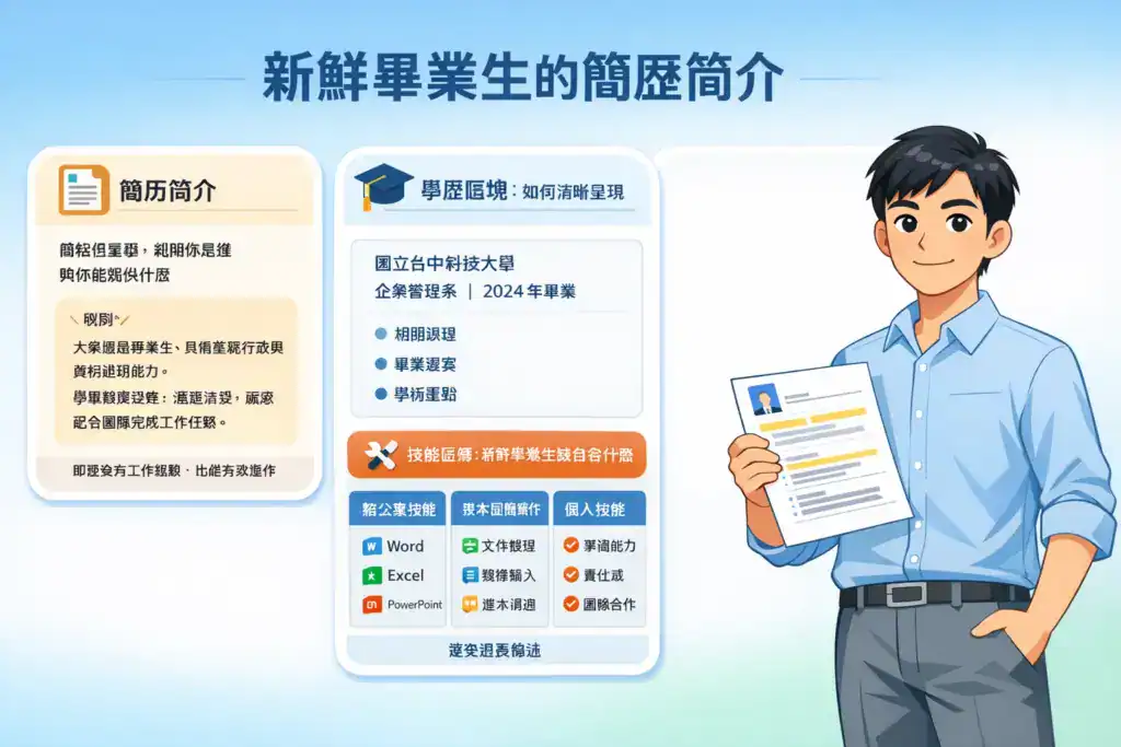 插画风格图片,主题为「新鲜毕业生的简历简介」,一名台湾应届毕业生手持履历站立,画面展示简历简介写作示例、学历区块、技能区块与个人能力重点,强调清楚呈现学经历、技能与职场潜力,适合新鲜人求职与 ATS 履历筛选。