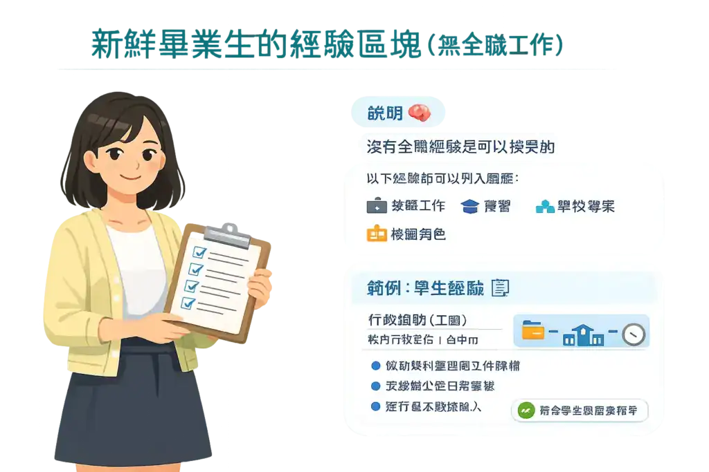 插畫風格圖片,主題為「新鮮畢業生的經驗區塊(無全職工作)」,一名台灣女性新鮮人手持清單板,畫面說明即使沒有全職經驗,也可將實習、打工、學校專案與校園角色列入履歷,並展示學生經驗範例與重點整理方式。
