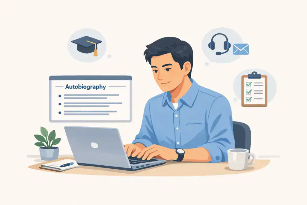 一名台灣求職者坐在書桌前使用筆電撰寫客服履歷的自傳區塊,螢幕顯示「Autobiography」段落,周圍以圖示呈現教育背景、電話與電子郵件客服經驗,以及工作態度與流程清單,整體風格專業、簡潔、適合 ATS 友好的履歷教學內容。