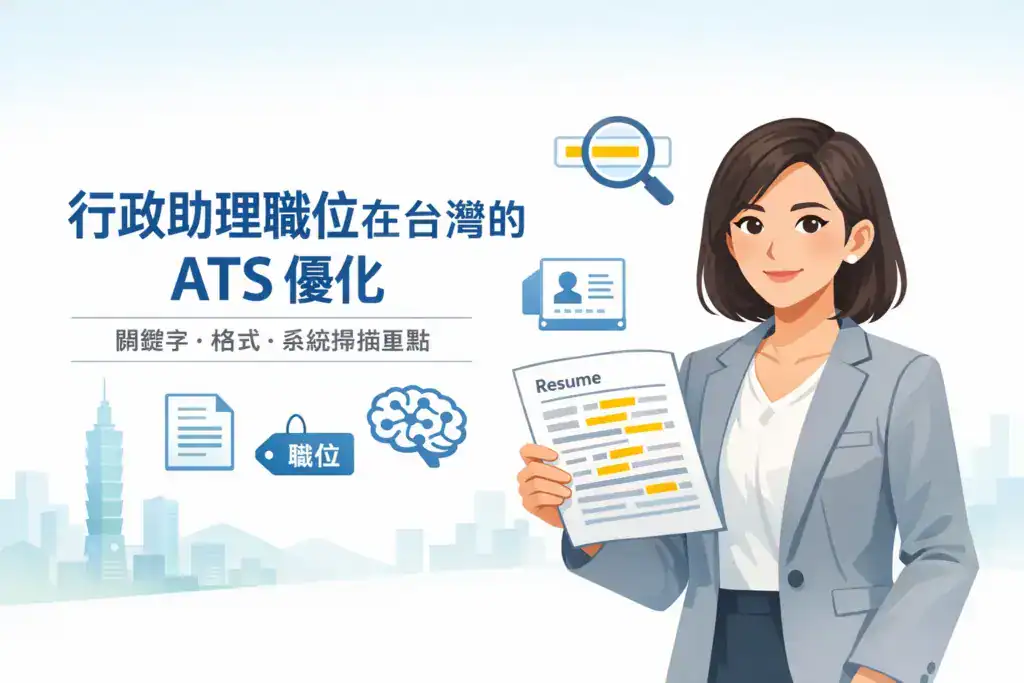 插画风格图片,主题为「行政助理职位在台湾的 ATS 优化」,一名台湾行政助理女性手持履历,画面强调关键字、履历格式与 ATS 系统扫描重点,并搭配履历、职位标签与系统分析图标,说明如何提升行政助理履历在台湾的筛选通过率。