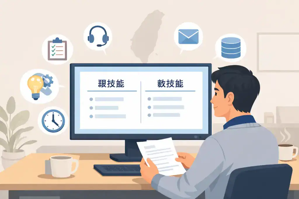 台灣求職者在辦公室查看履歷的關鍵技能區塊,螢幕上清楚區分硬技能與軟技能,周圍以圖示呈現客服、溝通、資料處理與時間管理等雇主重視的能力,符合 ATS 履歷格式