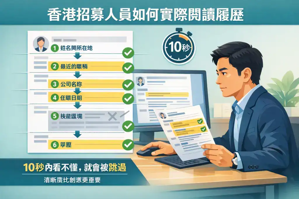 插画风格图片,主题为「香港招募人员如何实际阅读履历」,展示招聘人员在约 10 秒内快速扫描简历的流程,包括姓名与所在地、最近职位、公司名称、任职日期、技能区块与学历等重点信息,并强调若 10 秒内看不清重点就会被跳过,突出清晰结构比设计更重要,符合香港雇主与 ATS 阅读习惯