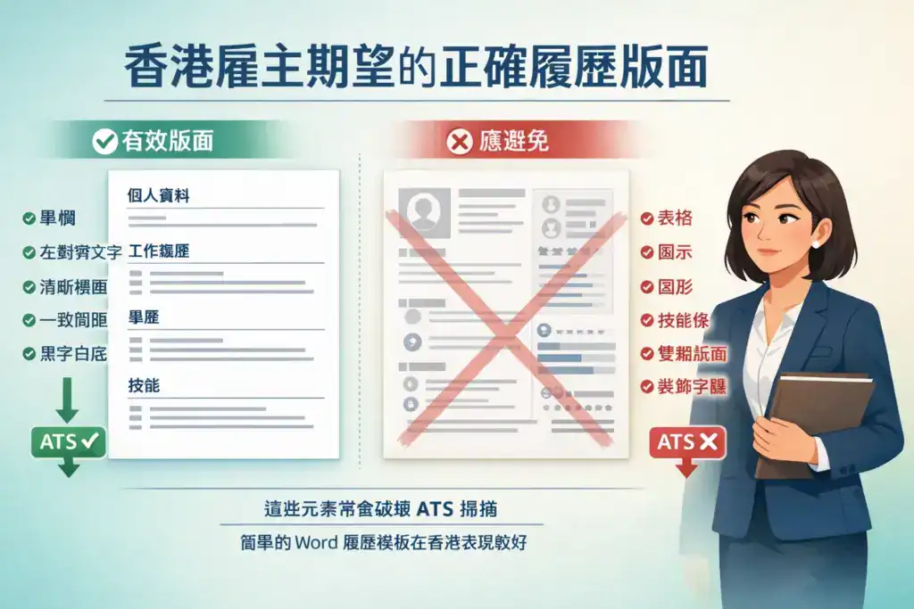 插画风格图片,主题为「香港雇主期望的正确履历版面」,画面对比有效与应避免的履历设计。左侧示例为符合 ATS 的单栏履历版面,使用左对齐文字、清晰区块、统一间距与黑字白底;右侧示例标示应避免的设计,包括表格、图示、图形、技能条、双栏版面与装饰字体,强调简单的 Word 履历模板更符合香港雇主与 ATS 扫描要求