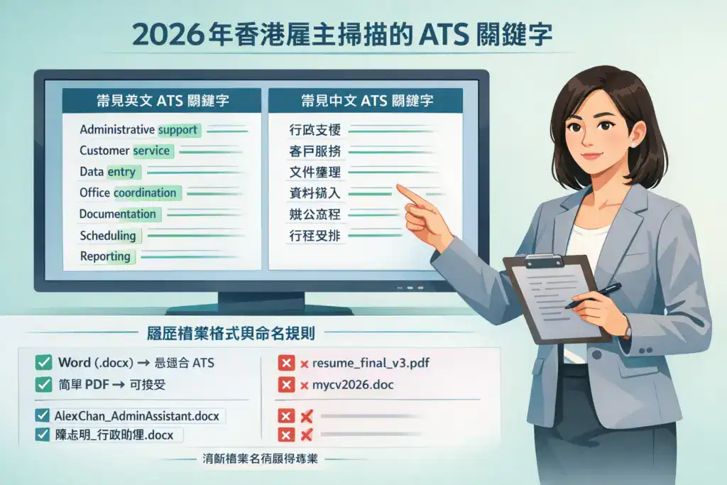 插画风格图片,主题为「2026年香港雇主扫描的 ATS 关键词」,展示招聘系统常见的英文与中文 ATS 关键词对照,如 Administrative support、Customer service、Data entry、Office coordination、Documentation、Scheduling,以及对应的行政支援、客户服务、文件整理、资料输入与行程安排,并说明履历档案格式与命名规则(Word 更适合 ATS),强调清晰关键词有助于通过香港 ATS 筛选
