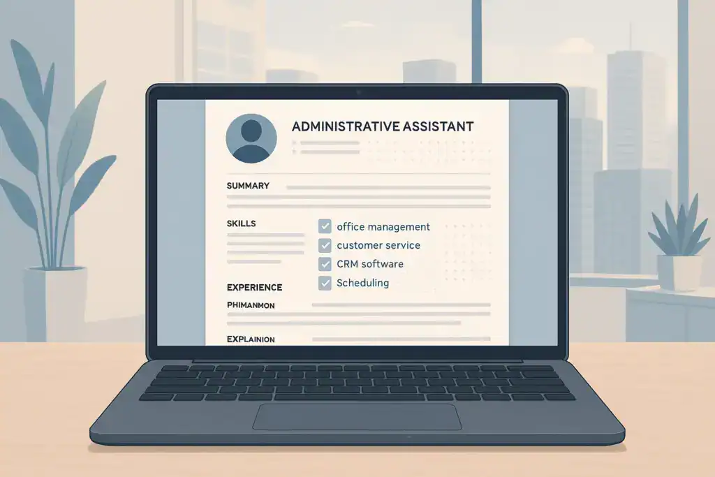 Graphic showing an ATS-friendly administrative assistant resume for Singapore with highlighted keywords and simple formatting.