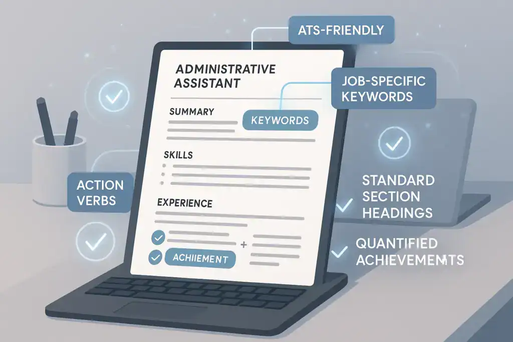 Graphic of an administrative assistant resume optimized for ATS with highlighted keywords, action verbs, and standard formatting.