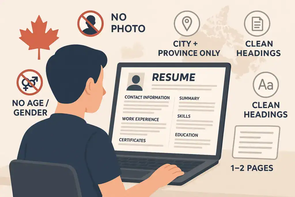 Illustration of a person reviewing a Canadian-style resume on a laptop, surrounded by icons showing resume rules such as no photo, no age or gender, city and province only, clean headings, and a 1–2 page format.