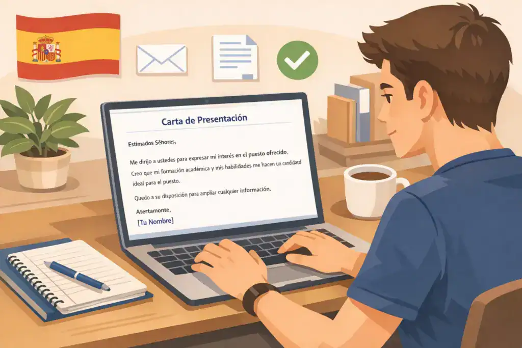 Ilustración de un estudiante en España escribiendo una carta de presentación en español en su portátil. En la pantalla se ve una “Carta de Presentación” con un texto formal y sencillo. El estudiante está sentado en un escritorio con un cuaderno, un bolígrafo y una taza de café. En el fondo aparecen iconos de un sobre, un documento y una marca de verificación, junto a una bandera de España. La escena transmite profesionalismo, claridad y preparación para estudiantes que solicitan su primer empleo.