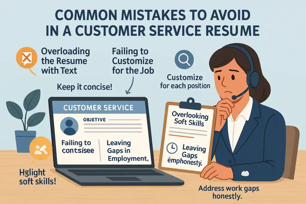 nfographic showing common mistakes to avoid in a customer service resume, including overloading text, failing to customize, and overlooking soft skills