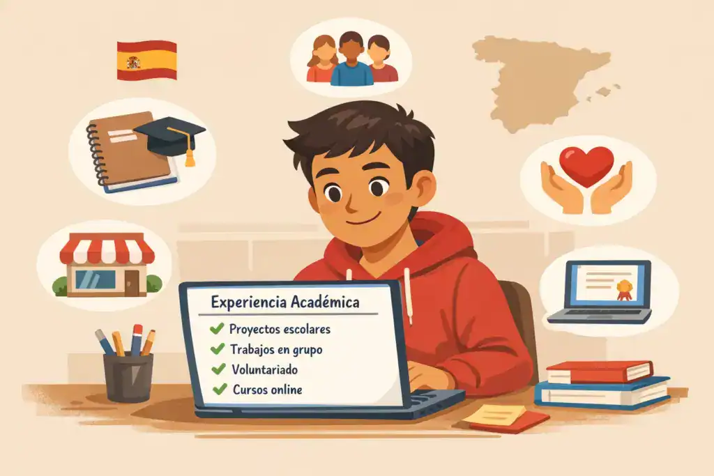 Ilustración de un estudiante en España creando su CV con experiencia académica, mostrando proyectos escolares, trabajos en grupo, voluntariado y cursos online como experiencia válida.