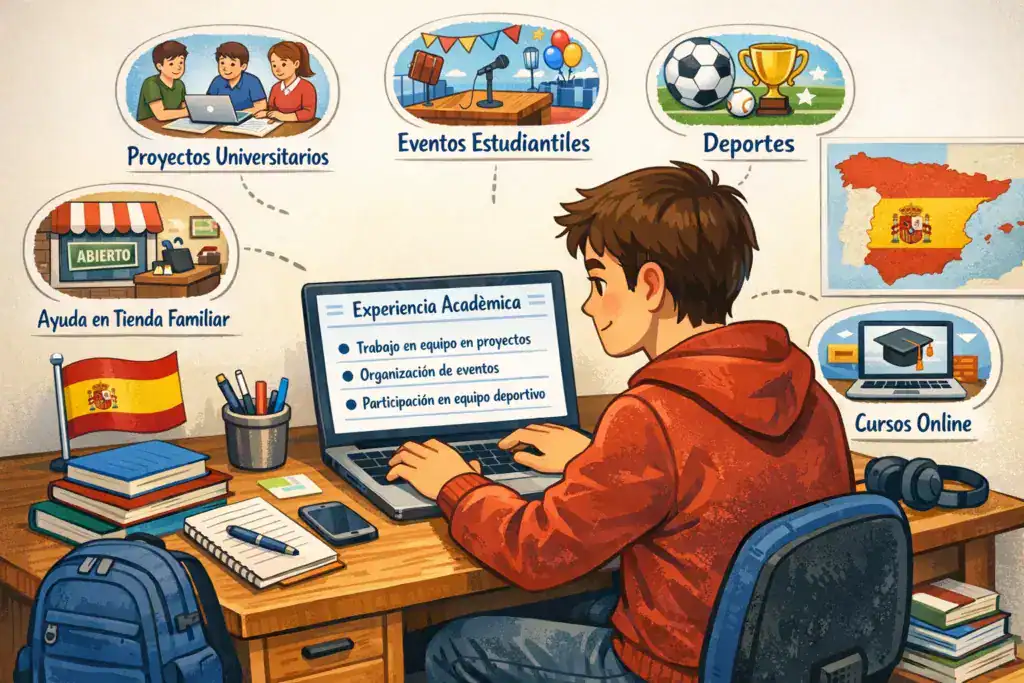 Ilustración de un estudiante en España redactando su CV en un portátil, mostrando experiencia académica basada en actividades estudiantiles como proyectos universitarios, eventos, deportes, ayuda en tienda familiar y cursos online.