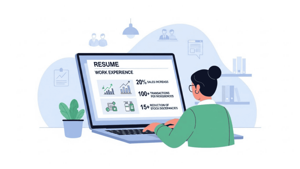 Illustration of a salesperson reviewing their work experience section on a laptop, highlighting quantified achievements such as sales increase, transaction volume, and inventory improvements, with icons representing growth, accuracy, and customer engagement.
