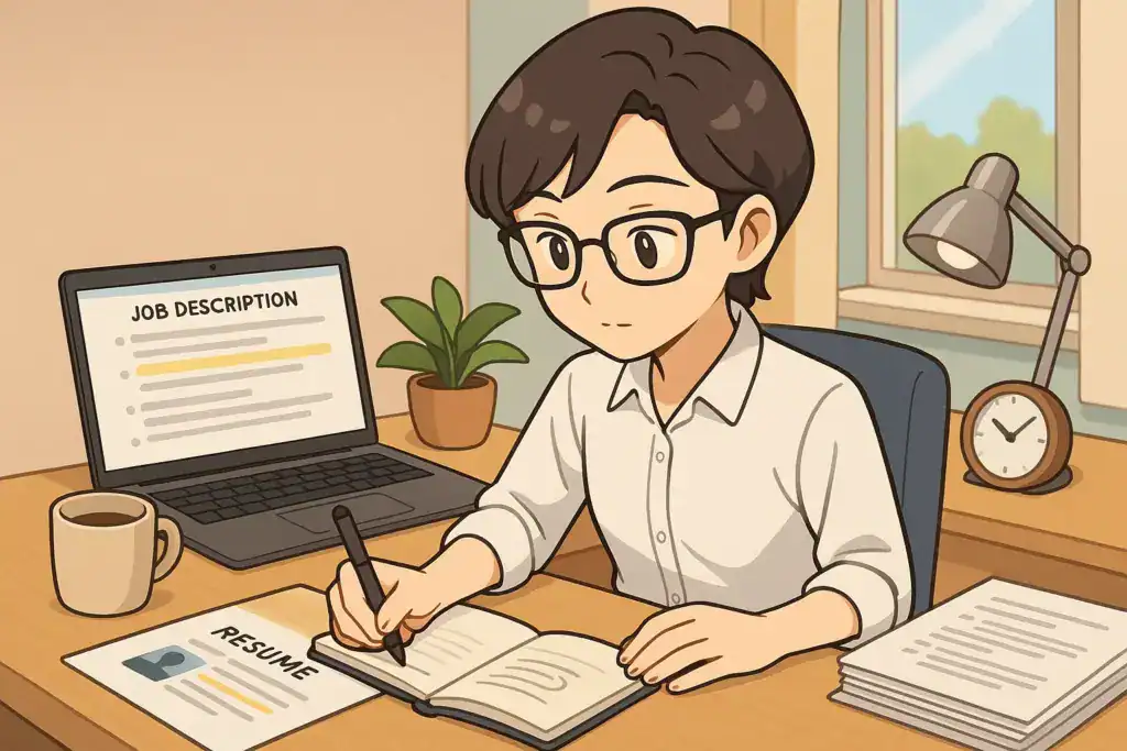 This is an image of a cartoon-style character, sitting at a desk, focused on customizing their resume for a job application. The character is reading a job description on their laptop and writing in a notebook, preparing to adjust their resume accordingly.