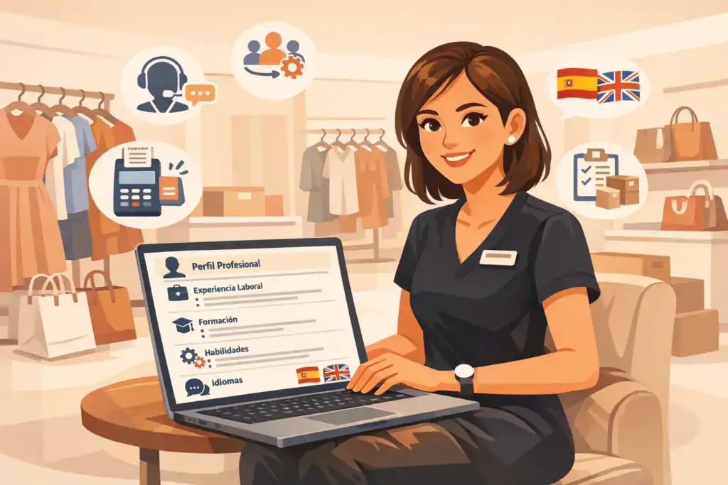 Ilustración de una dependienta en una tienda de moda en España revisando un CV completo en un portátil, con secciones visibles de perfil profesional, experiencia laboral, formación, habilidades e idiomas, rodeada de iconos de atención al cliente, TPV, stock y banderas de España y Reino Unido.