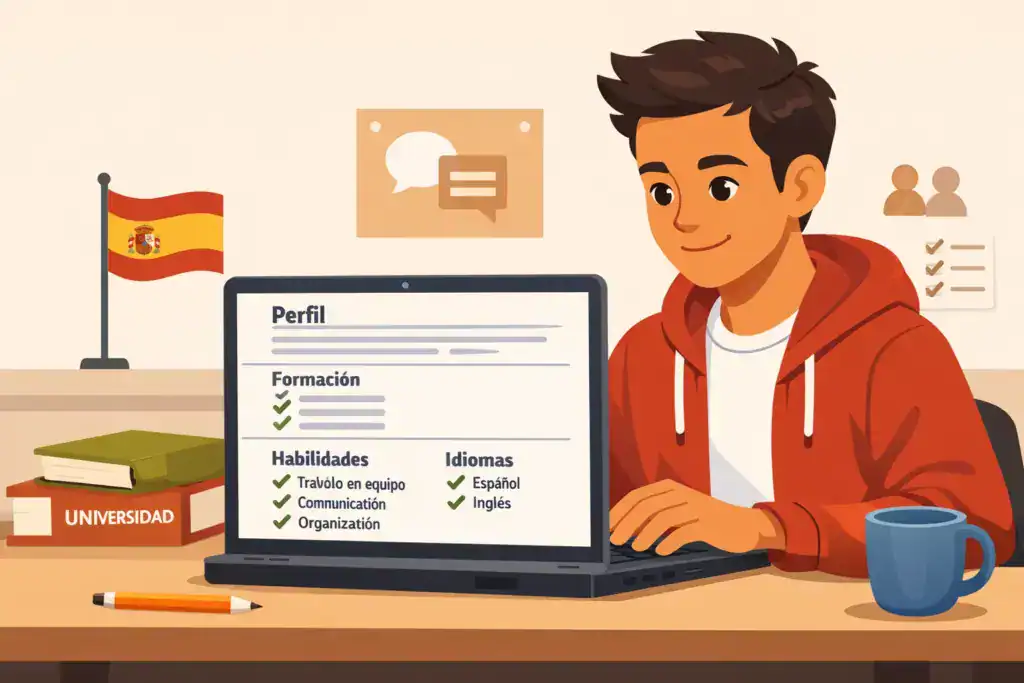 de estudiante con secciones claras de perfil, formación, habilidades e idiomas, con iconos de verificación. El entorno es académico, con libros universitarios, una taza y una pequeña bandera de España, transmitiendo un estilo limpio y profesional para un CV sin experiencia.