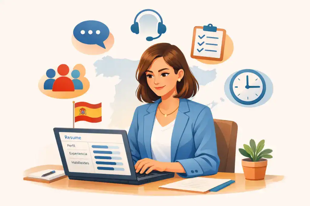 Ilustración de una mujer profesional sentada en un escritorio trabajando en su currículum en un portátil. Alrededor aparecen iconos de habilidades como comunicación, atención al cliente, trabajo en equipo, organización y gestión del tiempo, junto a la bandera y el mapa de España, representando un CV enfocado en habilidades para el mercado laboral español.