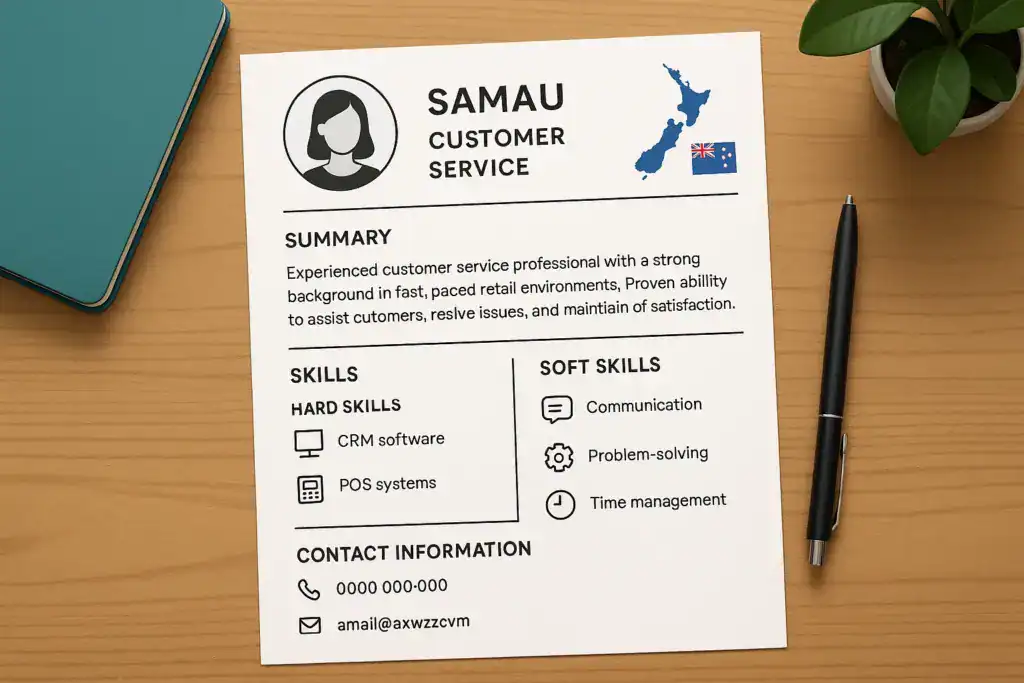 "Illustration of a young professional building an entry-level customer service resume in New Zealand, highlighting transferable skills, soft skills, and willingness to learn."