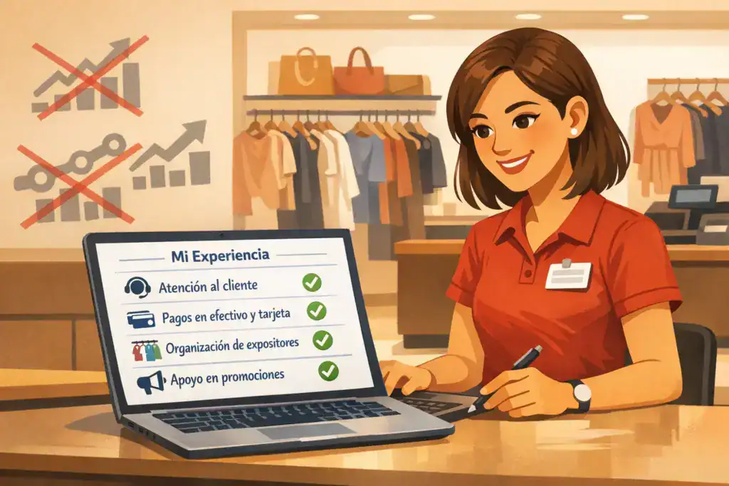 Dependienta en una tienda en España redactando su experiencia en ventas en un CV, con tareas claras como atención al cliente, pagos y organización de expositores, y evitando descripciones exageradas.