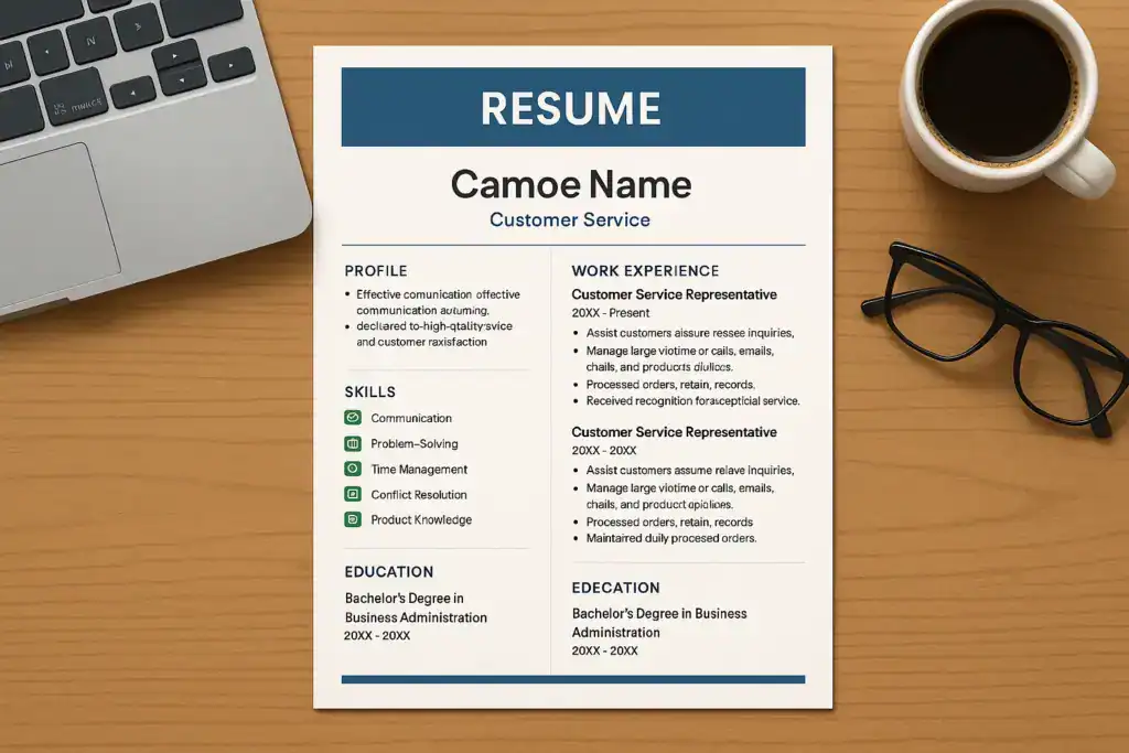 "Illustration of a neatly formatted customer service resume with clear headings and bullet points on a professional desk setup."