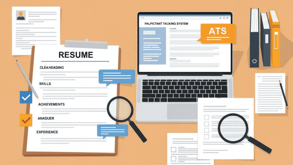 “Illustration of a clean, well-formatted resume on a desk next to a laptop showing an ATS interface, with highlighted sections and bullet points, emphasizing readability, organization, and professional impact.”