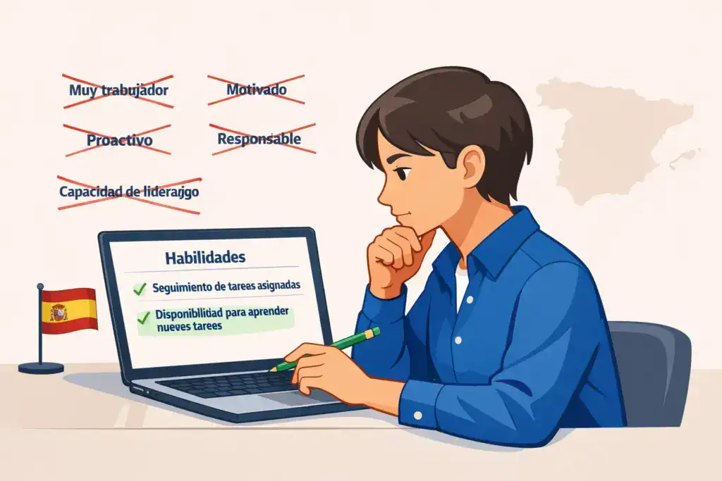 Ilustración de un candidato revisando su currículum en un portátil, eliminando habilidades genéricas como “muy trabajador” y “motivado” y reemplazándolas por habilidades prácticas y específicas valoradas en un CV en España.
