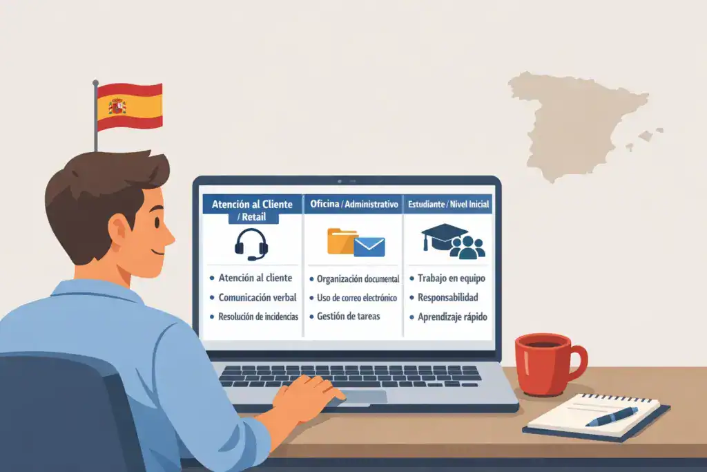 Ilustración de un candidato en España revisando en su portátil habilidades clave para el CV por tipo de empleo: atención al cliente, oficina administrativa y estudiante o nivel inicial.