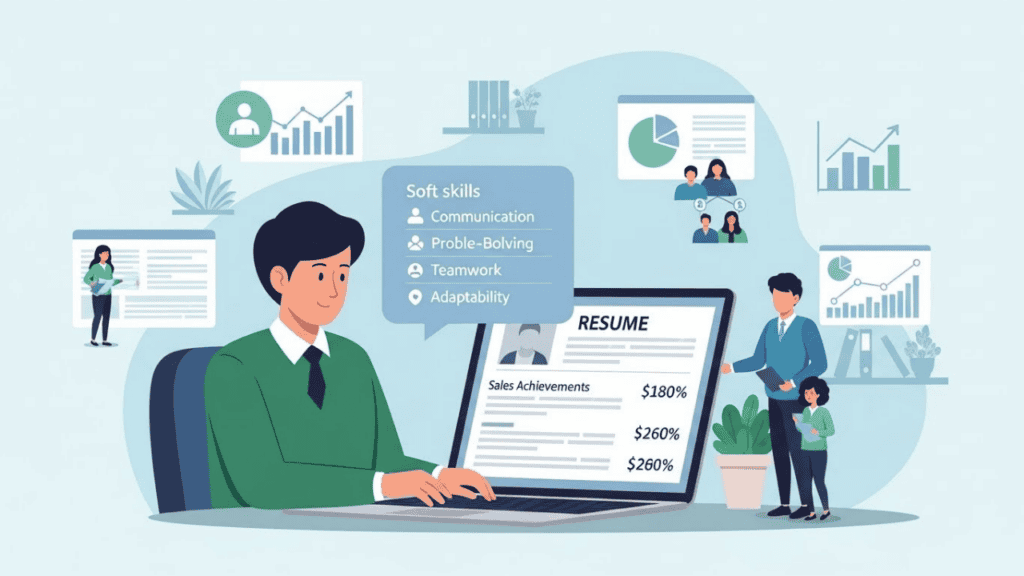 Illustration of a salesperson updating their resume on a laptop, highlighting soft skills like communication, problem-solving, teamwork, and adaptability, along with sales achievements, revenue charts, and team collaboration icons.