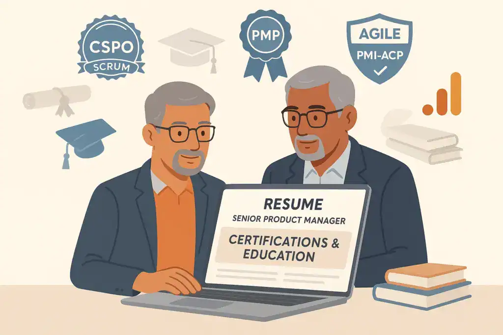 Two senior professionals review a Senior Product Manager resume on a laptop, with the ‘Certifications & Education’ section highlighted. Icons for CSPO, PMP, Agile PMI-ACP, a graduation cap, diploma, books, and analytics symbols appear around them