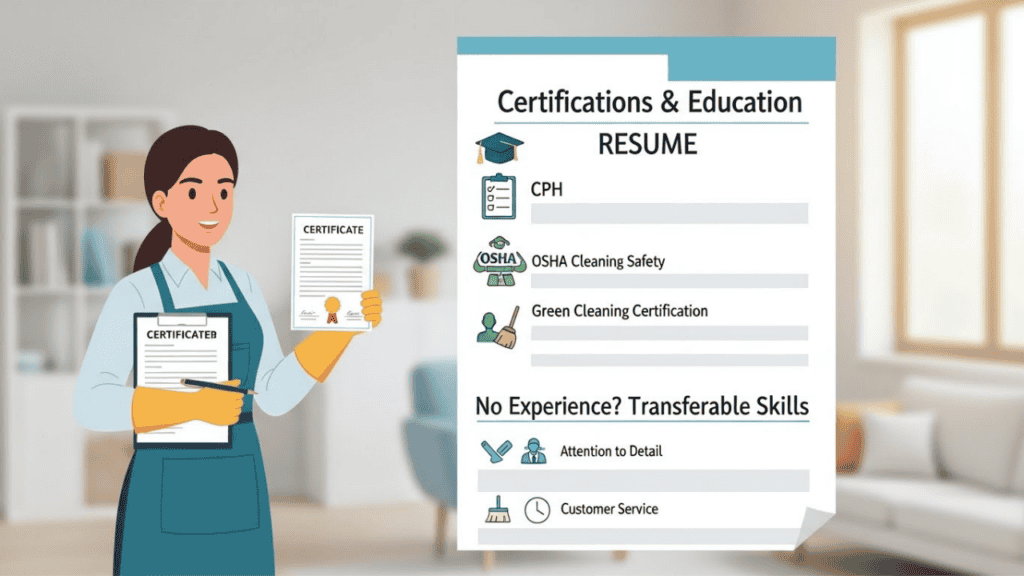 “Illustration of a house cleaner holding a certificate and clipboard next to a resume page showing certifications, education, and transferable skills for candidates with no experience, with icons for cleaning, reliability, and attention to detail.”