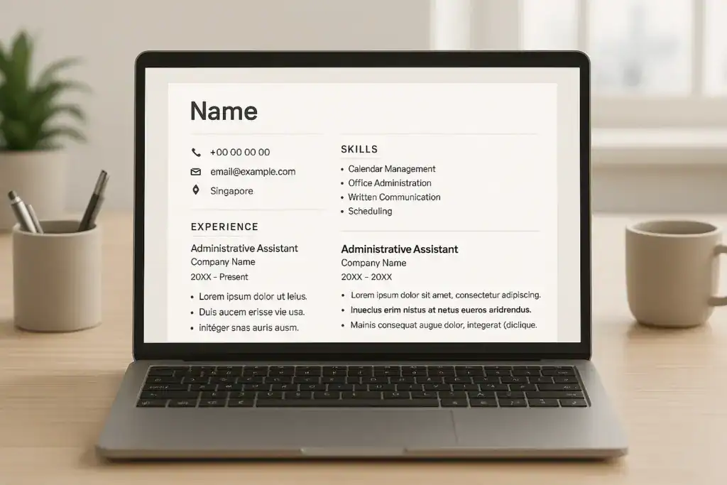 Illustration of a clearly structured administrative assistant resume for Singapore with simple formatting and contact details only.
