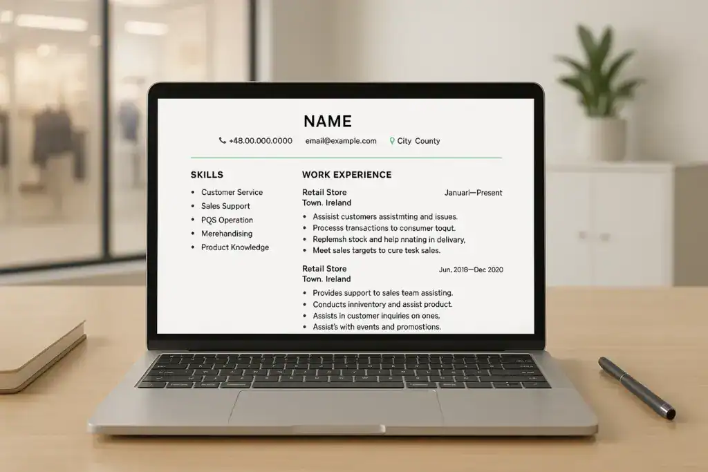 Illustration of a well-structured retail associate resume for Ireland with clear contact information, skills, and work experience sections.