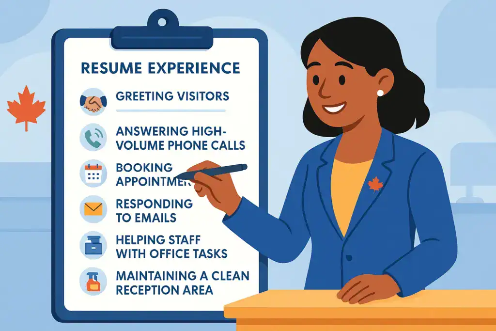 Illustration of a Canadian receptionist in a blue blazer pointing to a clipboard titled ‘Resume Experience.’ The list includes key receptionist duties such as greeting visitors, answering high-volume phone calls, booking appointments, responding to emails, helping staff with office tasks, and maintaining a clean reception area. Icons representing each task appear beside the text, with a small maple leaf symbol emphasizing the Canadian context
